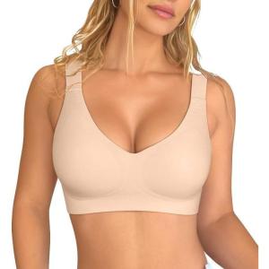 imageOQQ Womens Seamless Everyday Bra No Underwire Comfort Push Up Bras V Neck Soft Wireless Bralette Full Coverage Sport BraNude