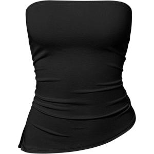 imageOQQ Womens Tube Tops Strapless Crop Tops Ruched Irregular Sleeveless Going Out 2025 Summer ShirtsBlack