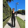 imageOQQ Women Jumpsuits Long Sleeve Deep V Neck Ruched Flared JumpsuitBlack