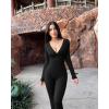 imageOQQ Women Jumpsuits Long Sleeve Deep V Neck Ruched Flared JumpsuitBlack