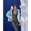 imageOQQ Women Jumpsuits Long Sleeve Deep V Neck Ruched Flared JumpsuitDarkgrey