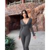 imageOQQ Women Jumpsuits Long Sleeve Deep V Neck Ruched Flared JumpsuitDarkgrey