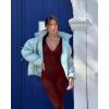 imageOQQ Women Jumpsuits Long Sleeve Deep V Neck Ruched Flared JumpsuitDarkred