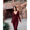 imageOQQ Women Jumpsuits Long Sleeve Deep V Neck Ruched Flared JumpsuitDarkred