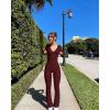imageOQQ Women Jumpsuits Long Sleeve Deep V Neck Ruched Flared JumpsuitDarkred