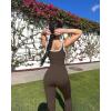 imageOQQ Women Jumpsuits Sleeveless Square Neck Stretch Contrast Workout Active Flared Bottoms Tank JumpsuitDarkbrown