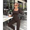 imageOQQ Women Yoga Jumpsuits Ribbed Exercise Long Sleeve Tops Bell Bottoms Flare JumpsuitsDarkbrown