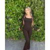 imageOQQ Women Yoga Jumpsuits Ribbed Exercise Long Sleeve Tops Bell Bottoms Flare JumpsuitsDarkbrown