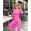 imageOQQ Women Yoga Jumpsuits Ribbed Exercise Long Sleeve Tops Bell Bottoms Flare JumpsuitsRose