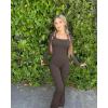 imageOQQ Women Yoga Jumpsuits Ribbed Exercise Long Sleeve Tops Bell Bottoms Flare JumpsuitsTea Leaf