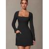 imageOQQ Womens Club Dresses Squart Neck LongSleeve ALine Mini Dress with PocketsBlack
