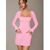 imageOQQ Womens Club Dresses Squart Neck LongSleeve ALine Mini Dress with PocketsPink Cherry Blossom