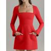 imageOQQ Womens Club Dresses Squart Neck LongSleeve ALine Mini Dress with PocketsRed