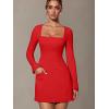imageOQQ Womens Club Dresses Squart Neck LongSleeve ALine Mini Dress with PocketsRed