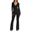 imageOQQ Women Jumpsuits Long Sleeve Deep V Neck Ruched Flared JumpsuitBlack