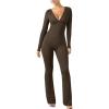 imageOQQ Women Jumpsuits Long Sleeve Deep V Neck Ruched Flared JumpsuitDarkbrown