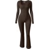 imageOQQ Women Yoga Jumpsuits Ribbed Exercise Long Sleeve Tops Bell Bottoms Flare JumpsuitsDarkbrown