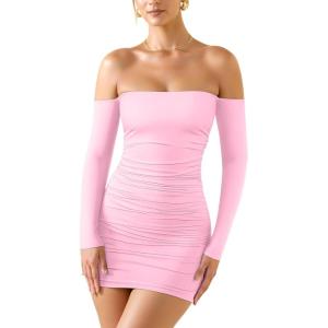 imageOQQ Cocktail Dresses 2025 Tube Off Shoulder Long Sleeve Sexy Bodycon Ruched Party Short Mini Dresses Pink Cherry Blossom
