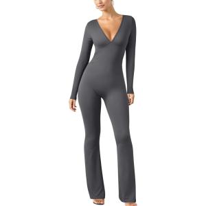 imageOQQ Women Jumpsuits Long Sleeve Deep V Neck Ruched Flared JumpsuitDarkgrey