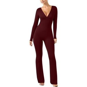 imageOQQ Women Jumpsuits Long Sleeve Deep V Neck Ruched Flared JumpsuitDarkred