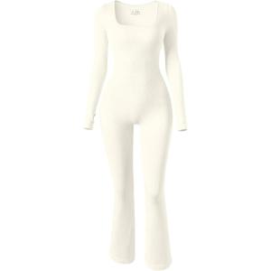 imageOQQ Women Yoga Jumpsuits Ribbed Exercise Long Sleeve Tops Bell Bottoms Flare JumpsuitsBeige