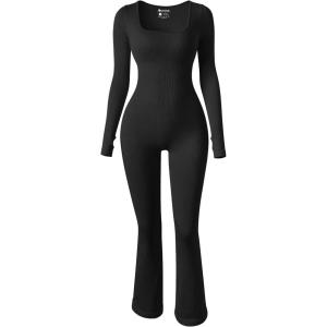 imageOQQ Women Yoga Jumpsuits Ribbed Exercise Long Sleeve Tops Bell Bottoms Flare JumpsuitsBlack