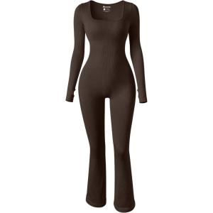 imageOQQ Women Yoga Jumpsuits Ribbed Exercise Long Sleeve Tops Bell Bottoms Flare JumpsuitsDarkbrown