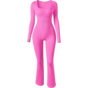imageOQQ Women Yoga Jumpsuits Ribbed Exercise Long Sleeve Tops Bell Bottoms Flare JumpsuitsRose
