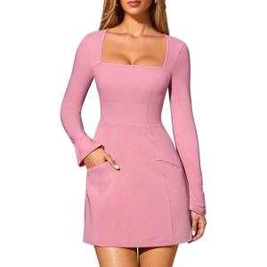 imageOQQ Womens Club Dresses Squart Neck LongSleeve ALine Mini Dress with PocketsDusty Pink