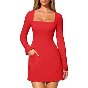 imageOQQ Womens Club Dresses Squart Neck LongSleeve ALine Mini Dress with PocketsRed