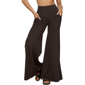 imageOQQ Yoga Pants Women High Waist Stretch Soft Casual Wide Legging Bottoms with PocketsDarkbrown