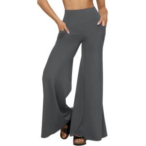 imageOQQ Yoga Pants Women High Waist Stretch Soft Casual Wide Legging Bottoms with PocketsDarkgrey