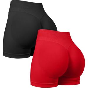 imageOQQ Women 2 Piece Workout Shorts Butt Lifting High Waist Yoga Athletic Gym Seamless ShortsBlack red