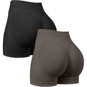 imageOQQ Women 2 Piece Workout Shorts Butt Lifting High Waist Yoga Athletic Gym Seamless ShortsBlack tea Leaf