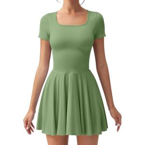 imageOQQ Womens Square Neck Ruffle Hem Mini Dress Summer Short Sleeve with Shorts Party DressesBamboo Green