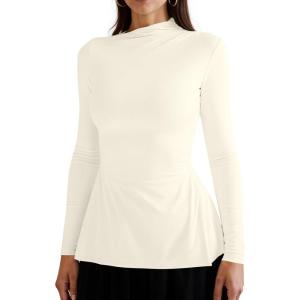 imageOQQ Long Sleeve Top Women Mock Neck Casual Tops Tunics ShirtsBeige