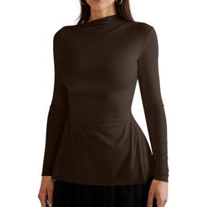 imageOQQ Long Sleeve Top Women Mock Neck Casual Tops Tunics ShirtsDarkbrown