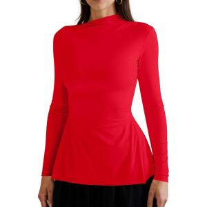 imageOQQ Long Sleeve Top Women Mock Neck Casual Tops Tunics ShirtsRed