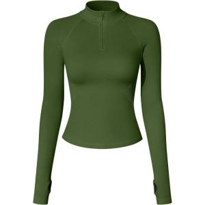 imageOQQ Workout Shirts Women Long Sleeve Yoga Tops Impact Half Zippy Tunics Running ShirtsArmygreen
