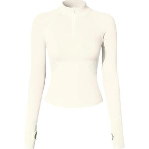 imageOQQ Workout Shirts Women Long Sleeve Yoga Tops Impact Half Zippy Tunics Running ShirtsBeige