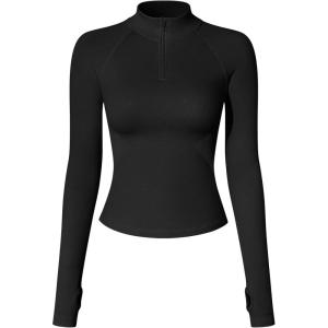 imageOQQ Workout Shirts Women Long Sleeve Yoga Tops Impact Half Zippy Tunics Running ShirtsBlack