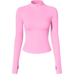 imageOQQ Workout Shirts Women Long Sleeve Yoga Tops Impact Half Zippy Tunics Running ShirtsPink