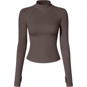 imageOQQ Workout Shirts Women Long Sleeve Yoga Tops Impact Half Zippy Tunics Running ShirtsTea Leaf