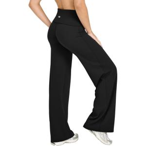 imageOQQ Yoga Pants Women High Waist Stretch Soft Casual Fold Over Straight Leg BottomsBlack