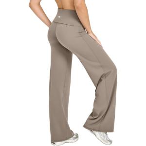 imageOQQ Yoga Pants Women High Waist Stretch Soft Casual Fold Over Straight Leg BottomsTaupe