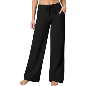imageOQQ Yoga Pants Women Wide Leg Bottoms with Pockets High Waist Stretch Soft Casual PantsBlack